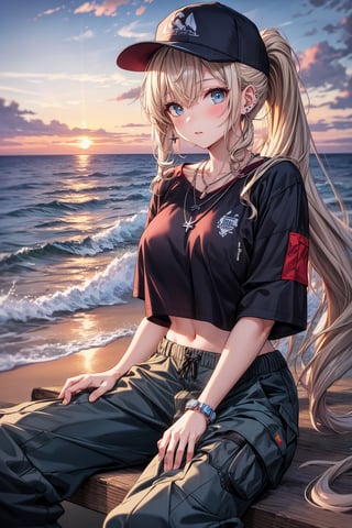 French girl,grey blonde hair(very long hair, curly_hair),long ponytail,hiphop dancer,wearing all black clothes (loose fit top and wide cargo pants),sneakers,accessories(necklace,ear_rings)baseball cap, sitting at sea bank,horizon,seaside,vivid sea color,red lighthouse,sunset,Best Quality, 32k, photorealistic, ultra-detailed, finely detailed, high resolution, perfect dynamic composition, beautiful detailed eyes, sharp-focus, cowboy_shot, 
