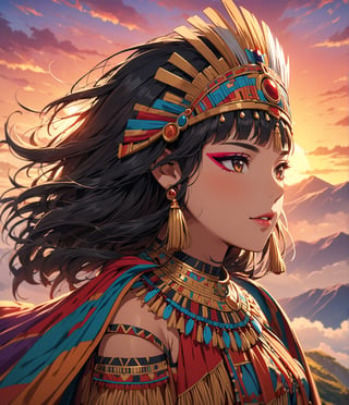 Masterpiece, 4K, ultra detailed, anime style, solo, 1 ancient Inca woman wearing a flowy cape on a mountain top, beautiful flawless face with glamourous makeup, dangling earrings, colorful headpiece, epic sunset, windy, more detail XL, SFW, depth of field,