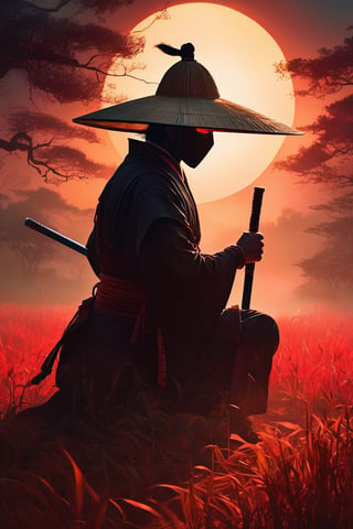 A captivating and enigmatic digital illustration features a shadowy figure, seemingly a warrior or samurai, kneeling amidst a dimly lit, foggy field. The character dons a wide-brimmed straw hat and a mysterious mask, concealing their identity. Their hand grips a magnificent sword with intricate engravings that emit a mesmerizing, fiery red aura. The background reveals a traditional, architectural structure—possibly a temple or shrine—bathed in the soft glow of floating embers or fireflies. The composition by Hans Darias exudes an eerie atmosphere, skillfully blending warm and cool tones to evoke a palpable sense of tension and expectation.