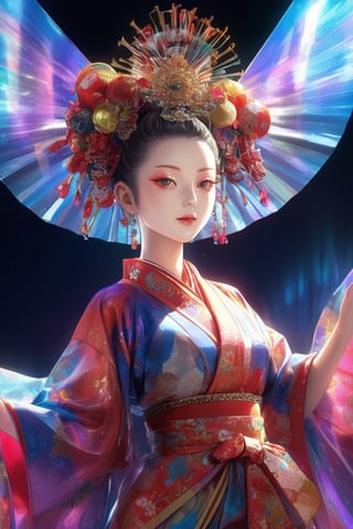 ultra Realistic,Extreme Detailed,beautiful Prism light,stardust,rainbow-colored light,
Glass made ultra Detailed transparent oiran Girl,ultra transparent,wearing luxury high-tech kimono,walk,
dancing oiran 