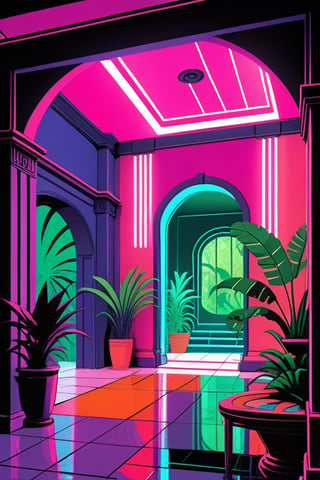 the scene is focused on a central room surrounded by 3 tall open doorways on 2 parallel sides of the room, these doorways are seemingly leading to other identical rooms whose only difference is its illumination by natural light pouring from large windows. Each room features tropical fauna and flora with a heavy emphasis on water features such as pools and waterfalls. The scene’s colour palette consists of neon colours taken from a cyberpunk set of colours such as pink, blue, orange, purple, white, and green. the only living elements in the scene are tropical fauna and flora.