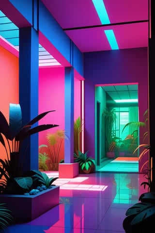 the scene is focused on a central room surrounded by 3 tall open doorways on 2 parallel sides of the room, these doorways are seemingly leading to other identical rooms whose only difference is its illumination by natural light pouring from large windows. Each room features tropical fauna and flora with a heavy emphasis on water features such as pools and waterfalls. The scene’s colour palette consists of neon colours taken from a cyberpunk set of colours such as pink, blue, orange, purple, white, and green. the only living elements in the scene are tropical fauna and flora.