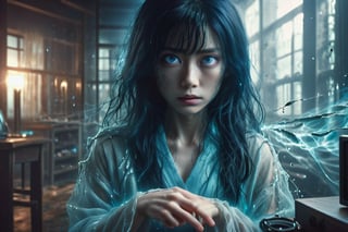 female ghost Sadako Yamamura inside television, staring at the handsome black-hair blue-eye viewer, trying to break out, broken glass, mystical dark atmosphere, very detailed, ultra realistic, masterpiece, 4k, hdr,