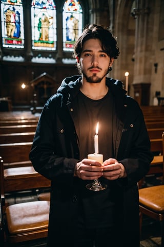 masterpiece, cinematic. solo, short messy hair, blue eyes, 30yo, 1boy, church, sticky dirty hair, male focus, prayer seats, coat, facial hair, plants. flowers. candles.