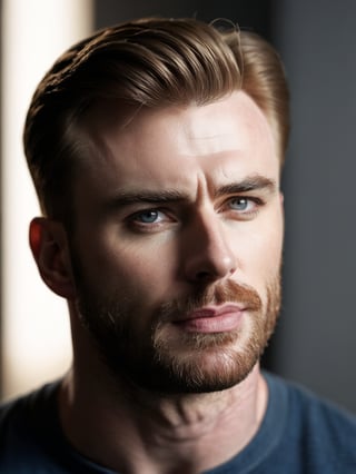 (Highest Quality, 4k, masterpiece, Amazing Details:1.1), Shallow Depth of Field, E671, lens 50mm f/2.0, wide angle picture of young 30yo Chris Evans seducing the photographer, looking to camera, goosebumps, ultra realistic, trending on instagram, (photorealistic) (RAW Photo),old style,aesthetic portrait, half body view.