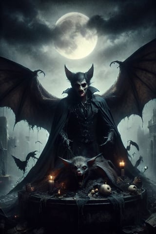  .dark gothic horror.crypted taxidermy . handsome vampire riding a giant bat, night out, tombs.