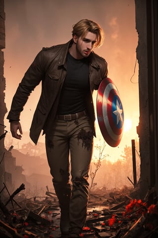 Photo of Chris Evans as a Captain America, good looking, messy blond hair, blue eyes, Athletic, muscular, masculine, standing on the abandoned broken spaceship, full body, sunset after rain, epic background, into the dark, deep shadow, dramatic lighting, twilight portrait, masterpiece, best quality.,bulge. HDR. mysterious. fog. fire. war. zombies. sunset from top right. detailed beautiful eyes. withered roses on the right hand. zombies running after him.