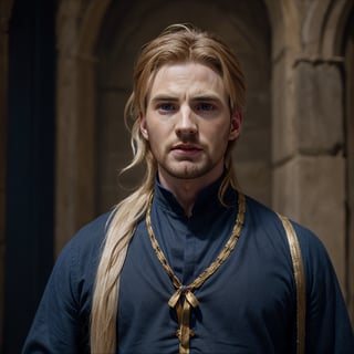 Chris Evans, male, pale skin, long platinum hair, darkblue eyes, medieval movie screenshot, man in his 30s, wearing black medieval outfit with square rubies and gold-rimmed ribbons, looking to the side 