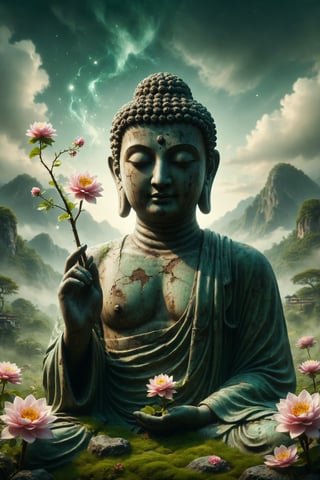 Create an image of a Buddha holding a flowering wand over a green landscape, symbolizing the beginning of new ideas, projects, and creativity.