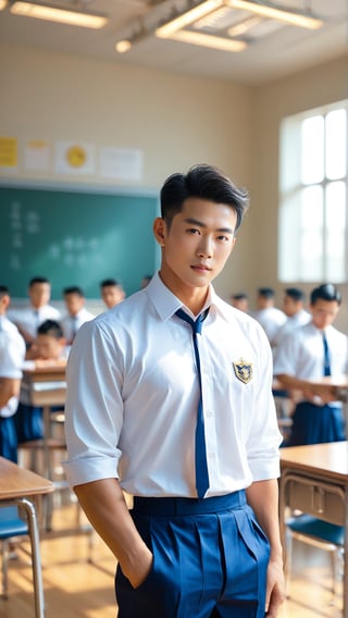 score_9, score_8_up, score_7_up, handsome asian men, 20yo, college uniform, luxury classroom