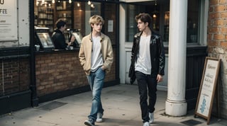 2boys. A handsome 20yo man is walking to a coffee shop. Another cute 16 high school blond girl is waiting for him at the front door. London street.