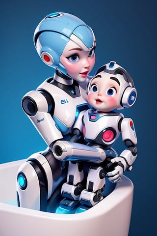 A female robot is kissing a robot baby, future bathtub, restroom.