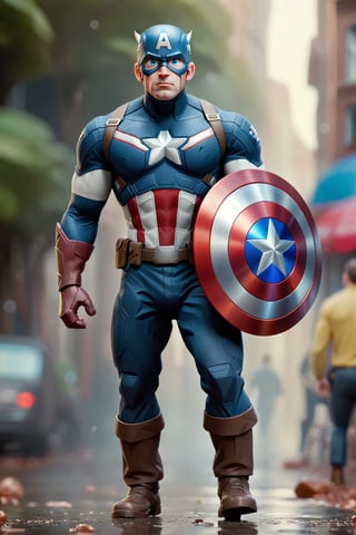 Imagine a bacterium playing the role of captain america, walking very sad, banished look down, pixar style image.