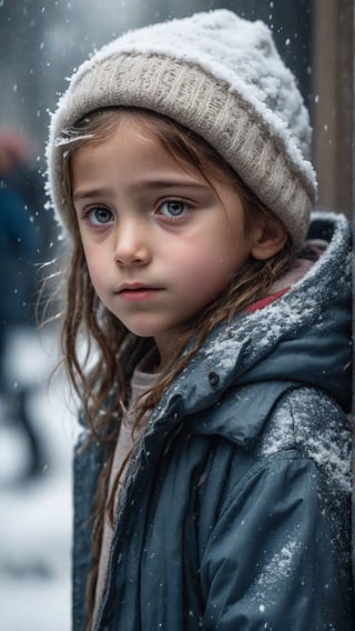 (photorealistic), beautiful lighting, best quality, realistic, full length portrait, real image, intricate details, depth of field, 1 sad homeless 8yo girl, in a cold snowstorm, best quality, a Hi-Tech, 8k