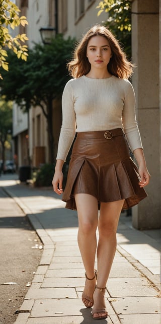 A 21-year-old woman walks confidently outside on a sun-kissed day. The camera captures her from the side and rear views, showcasing the skirt's texture and the way it hugs her curves. Earthy tones dominate the frame, with warm lighting casting a flattering glow. Her figure is accentuated by the cinematic composition, with the leather skirt taking center stage.