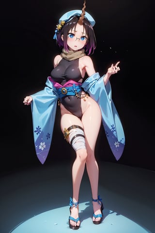 Elma has short black hair dyed purple at the ends, and a long spiral unicorn horn (which she can freely hide), she has blue eyes, wears round glasses, and wears a light brown scarf with a leotard. dark blue (sometimes black), She wears a purple kimono, with a navy blue obi over it, with the cap buttoned down, She has bandages around her legs and sandals, Her train is cobalt blue and turquoise (which can be hidden freely ), carries a long brown trident,elma,cammystretch,elma joui