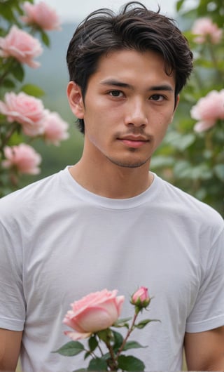 solo, looking at viewer, short hair, shirt, black hair, 1boy, white shirt, upper body, flower, short sleeves, male focus, outdoors, day, blurry, black eyes, blurry background, rose, facial hair, t-shirt, pink flower, bouquet, realistic, pink rose,Handsome Taiwanese