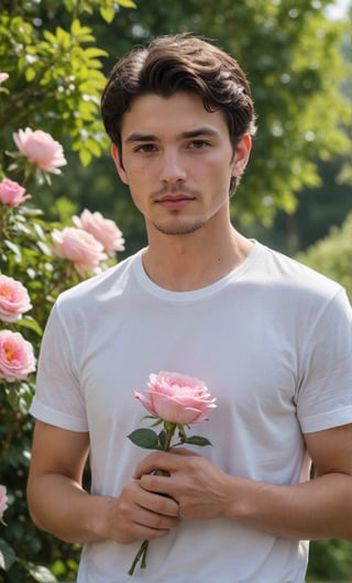 solo, looking at viewer, short hair, shirt, black hair, 1boy, white shirt, upper body, flower, short sleeves, male focus, outdoors, day, blurry, black eyes, blurry background, facial hair, t-shirt, pink flower, bouquet, realistic, David Austin Roses 