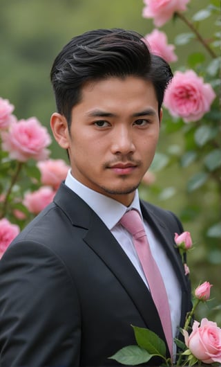 solo, looking at viewer, undercut hairstyle, black hair, 1boy,upper body, flowers, male focus, outdoors, day, blurry, black eyes, blurry background, rose, facial hair, pink flower, bouquet, realistic, pink rose,Handsome Hmong man in suit , lifelike person