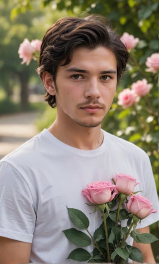 solo, looking at viewer, short hair, shirt, black hair, 1boy, white shirt, upper body, flower, short sleeves, male focus, outdoors, day, blurry, black eyes, blurry background, rose, facial hair, t-shirt, pink flower, bouquet, realistic, pink rose