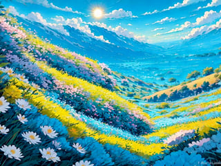flower valley, blue sky, clouds, sun, 