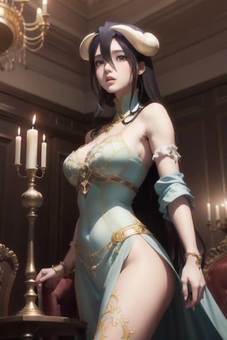 Albedo stands regally in the grand throne room, her icy blue eyes gazing upward towards the ornate ceiling. Her slender fingers toy with a stray lock of her golden hair, twisting it into a delicate spiral. The soft glow of candelabras casts a warm ambiance, highlighting the intricate stone carvings on the walls as she stands poised, awaiting the arrival of her Master.