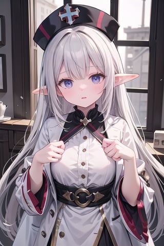 A stunning elf maiden, donning a crisp white doctor's coat and matching hat, gazes down at an unseen patient with a look of utter disgust and distaste, her pointed ears slightly twitched in revulsion as she assesses the situation.