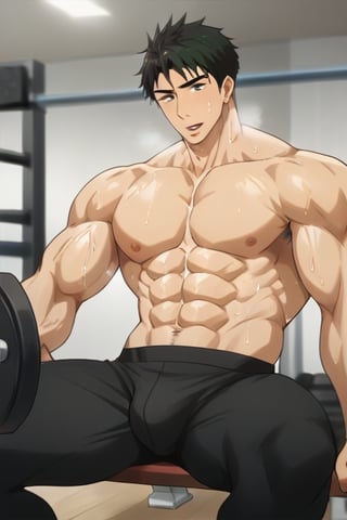 score_9, score_8_up, score_7_up, masterpiece, best quality, close up, lots of details, ((1man)), solo, sousuke_yamazaki, black hair, green eyes,sweat, big muscle, abs, bodybuilder, bushy armpit hair, sweaty, soft smirk, hairy armpits, large pectorals, muscular, sexy, flirty, pecterals, abs, vein muscles, face freckles, male focus, man wearing a black tank top, stringer shirt with a (low-cut chest:1.1) (extreme low-cut dropped side holes:1.1), sweating, open mouth, heavy breathing, squatting, exercise, weightlifting, barbell on the shoulders, bulge, detailed shading, detailed skin, shaded skin, realistic shading, looking at viewer, Expressiveh, countershading:1.1, Gym, indoors,