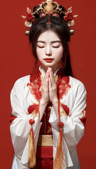 A Chinese ancient beauty is praying, with hands clasped together, eyes closed in silence, wearing a solemn yet beautiful expression, Red Background