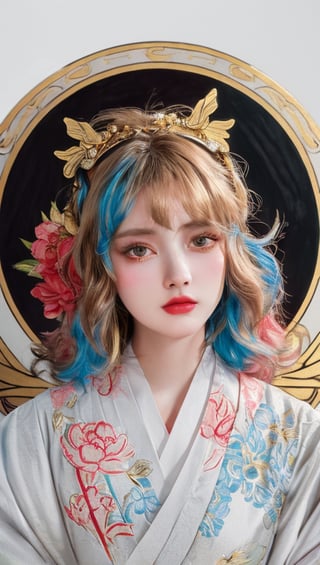 A girl, wearing hanfu, peony garden, butterfly, (negative space:1.4), fusion of art nouveau styles with gongbi painting, gold and white and red hue, Mucha style, (Cinematic lighting, ethereal light, intricate details, extremely detailed, incredible details, full colored), complex details, hyper maximalist, gorgeous light and shadow, detailed decoration, detailed lines. masterpiece, best quality, HDR, UHD, unreal engine. looking at the camera, fair skin, beautiful face,