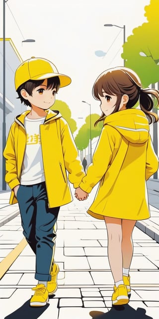 a boy and a girl walking on street, Line Chibi yellow, sping, white background, 