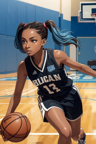 black woman, (((brown skin))), african american, light blue hair, pigtails, slender, long black wavy hair, 20 years old, dark skin, brown skin, captivating, pretty, detailed eyes

view from front, low_angle, dynamic angle, action pose, serious, blushy face, basketball court, basketball uniform, one basketball, running,

good line art, masterpiece, detailed, abstract background, high quality, 16k, drawing, high_res, semi-realistic, agawa