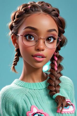 3d hyper real cartoon image, clean artwork, detailed illustration, colorful, 1girl, 22 years old, (((brown skin))), long hair, single braid, light teal and pink theme, realism, cute, round trim glasses, nose blush, slim eyes, sweater, pretty, seductive, attractive, alluring, photography, mouth slightly open, good teeth, beautiful nerdy, flirty, feminine, soft make up, vibrant, adorable, eyelashes, slender, high quality, masterpiece, 3D, solo focus, realistic, round chin, narrow face, big lips, brown hair, portrait image