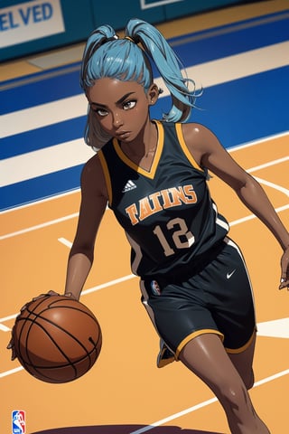 black woman, (((brown skin))), african american, light blue hair, pigtails, slender, long black wavy hair, 20 years old, dark skin, brown skin, captivating, pretty, detailed eyes

view from front, low_angle, dynamic angle, action pose, serious, blushy face, basketball court, basketball uniform, one basketball, running,

good line art, masterpiece, detailed, abstract background, high quality, 16k, drawing, high_res, semi-realistic, agawa