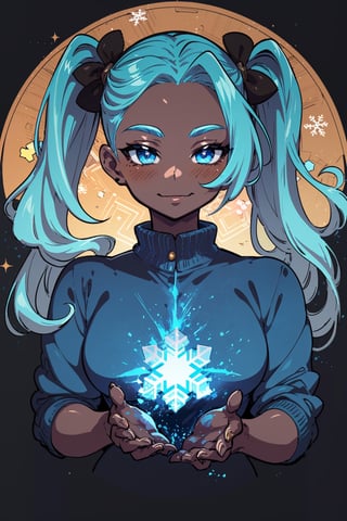 anime, illustration anime portrait, 

black woman, (((brown skin))), african american, light blue hair, pigtails, long blue straight hair, 20 years old, dark skin, brown skin, captivating, pretty, detailed eyes, cute, shine

looking at viewer, blue eyes, detailed hands, shiny skin, blue sweatshirt with a white logo in the center, snowflake decorations, blushy face, happy, smile, bright glow, dark background

good line art, masterpiece, detailed, abstract background, high quality, 16k, drawing, high_res, semi-realistic, agawa, fantasy00d, best quality,