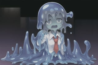 (slime girl, masculine face, short hair), {office background}, {{tie, shirt, slime business suit}}, horrified, {slime creature, blue slime, slime girl, slime transformation, transparent slime},