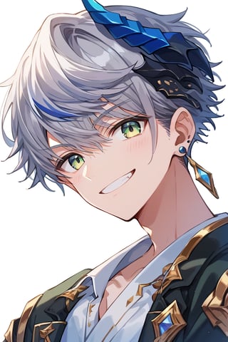score_9,score_8_up,score_7_up, best quality,masterpiece, 1boy, male focus, shiro_menas, gray hair, streaked hair, green eyes, fake horn on left head, earrings, open jacket, white shirt, looking at viewer, smile, upper body, close up