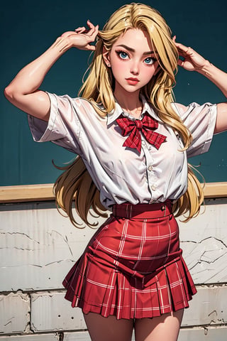 beautiful blonde girl, long hair, wears a high school uniform with a red plaid skirt and white blouse, poses like a super model in a elegante highschool.