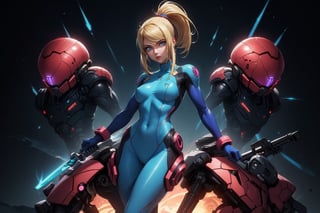 A captivating image of a strikingly beautiful woman who is young and slim, portrayed as a mercenary Samus Aran 1girl. ((different poses)). Her penetrating blue eyes and full lips convey respect to anyone who looks directly at her, she is equipped with weapons equal to those in the Metroid video game, while her long blonde hair is carefully styled in a ponytail and adorned with strong highlights. She is dressed in her Samus Zeroun suit, equipped with several weapons from the Metroid video game. The full-body depiction shows her about to enter combat, exuding respect and confidence. This high-quality image, whether a painting or photograph, captures his alluring and formidable presence, immersing viewers in his captivating portrait. It has a hard, serious expression and is about to attack if provoked. Dazzling eyes,samus aran,ponytail, hair tie, blue gloves, blue bodysuit