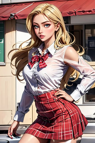 beautiful blonde girl, long hair, wears a high school uniform with a red plaid skirt and white blouse, poses like a super model in a elegante highschool.