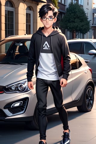 young androgynous boy in black thights lycra leggings and shirt dressed with open light grey hoodie and socks, pale skin, drop frame eyeglasses, hair cut is short youthful in layers for volume and long top strands towards the forehead, bicolor loafers, walking in a street with his laptop bag and a kia k3 red color car parked behind him,3d pixar style,Car,penis penetration