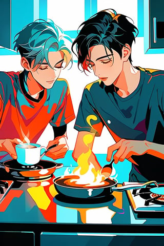 two androgynous boys at a kitchen, one in the stove and the other on table making coffee in the morning, after having slept together they only wore their bedding