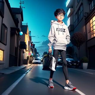 young androgynous boy in black thights lycra leggings and shirt dressed with open light grey hoodie and socks, pale skin, drop frame eyeglasses, hair cut is short youthful in layers for volume and long top strands towards the forehead, bicolor loafers, walking in a street with his laptop bag and a kia k3 red color car parked behind him,3d pixar style,Car,penis penetration,1Car