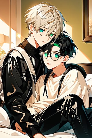 In a warmly lit bedroom, reminiscent of Ghilbi's whimsical world, two young male androgynous boyfriends snuggle together, clad in black leather pants and matching shirts. Soft light illuminates their pale skin, with short hair styled for volume framing their youthful faces. The gray-haired boyfriend sports green eyes behind frame eyeglasses, while his partner dons black hair and heterochromia eyes. Bicolor sneakers and backpacks complete their stylish ensembles.

As they rest happily in bed, a blonde boy in a white outfit joins the snuggle party, adding to the warm and cozy atmosphere. The Ghilbi-inspired anime style brings this tender moment to life, capturing the love and affection between these two androgynous couples.