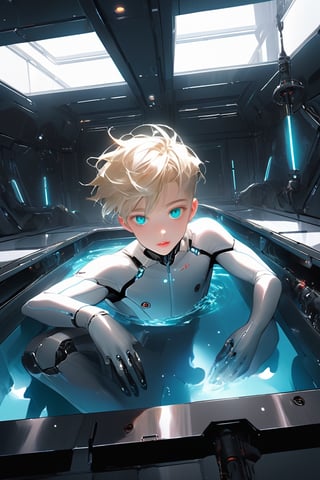 In a futuristic laboratory setting with vaulted white walls and a large pool of liquid, an android boy, with emerald eyes, steel gray hair, and discreet pink nose, lips, and knees, floats one meter above the floor. His body glows with a soft blue hue as mechanical extensions emerge from his limbs, seamlessly completing his white-skinned mechanical form. A cute blond-haired human boy peers out from behind a nearby assembly module, observing the android's unique composition.