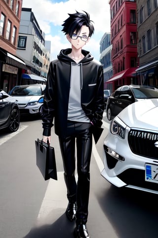 young androgynous boy in black lycra leggings and shirt dressed with open light grey hoodie and socks, pale skin, drop frame eyeglasses, hair cut is short youthful in layers for volume and long top strands towards the forehead, bicolor loafers, walking in a street with his laptop bag and a kia k3 red color car parked behind him,3d pixar style,Car
