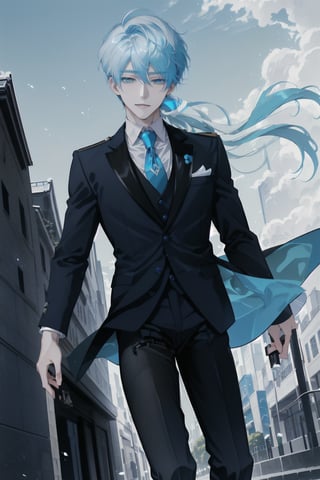 A shot framed to capture the joyous stride of an 18-year-old androgynous boy. cyan hair with white streak, His pale skin glistens in the soft afternoon light, as short steel gray hair frames his heartwarming smile. A crisp white shirt with a bold blue tie adds a touch of elegance, while black silk thigh-highs add a sense of edgy sophistication. The subject walks confidently down the middle of the street, surrounded by the hum of city life, yet lost in their own thoughts of happiness and freedom.,otoko_no_ko, pantyhose