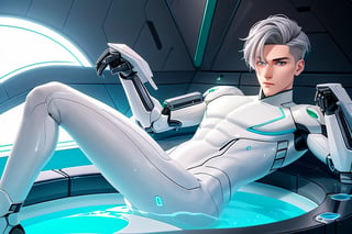 young android boy, androgynous, slightly surprice expression, emerald eyes, steel-grey hair color, discrete pink nose lips and knees, his body being assembled in a laboratory with white walls or domed shapes, the pieces of his mechanical and white-skinned body come out through mechanical arms from a pool of liquid under his body, epic style