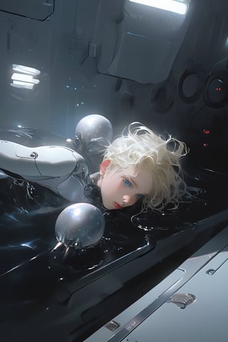 In a futuristic laboratory setting with vaulted white walls and a large pool of liquid, an android boy, with emerald eyes, steel gray hair, and discreet pink nose, lips, and knees, floats one meter above the floor. His body glows with a soft blue hue as mechanical extensions emerge from his limbs, seamlessly completing his white-skinned mechanical form. A cute blond-haired human boy peers out from behind a nearby assembly module, observing the android's unique composition, artist name.