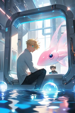 A soft focus illuminates the laboratory setting, casting a warm glow on vaulted white walls and a large pool of liquid as an android boy floats one meter above the floor, his ethereal form radiating a gentle blue light. The lighting creates a sense of serenity amidst the sterile environment. The android's emerald eyes sparkle, surrounded by steel gray hair and delicate pink accents on his nose, lips, and knees. His extensions harmonize with his synthetic body, creating a mesmerizing composition. In the background, a curious blond-haired human boy peeks out from behind an assembly module, captivated by the android's intricate design, his eyes shining with curiosity.